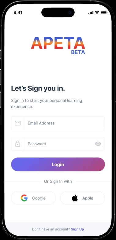 Sign in interface of the Apeta mobile app